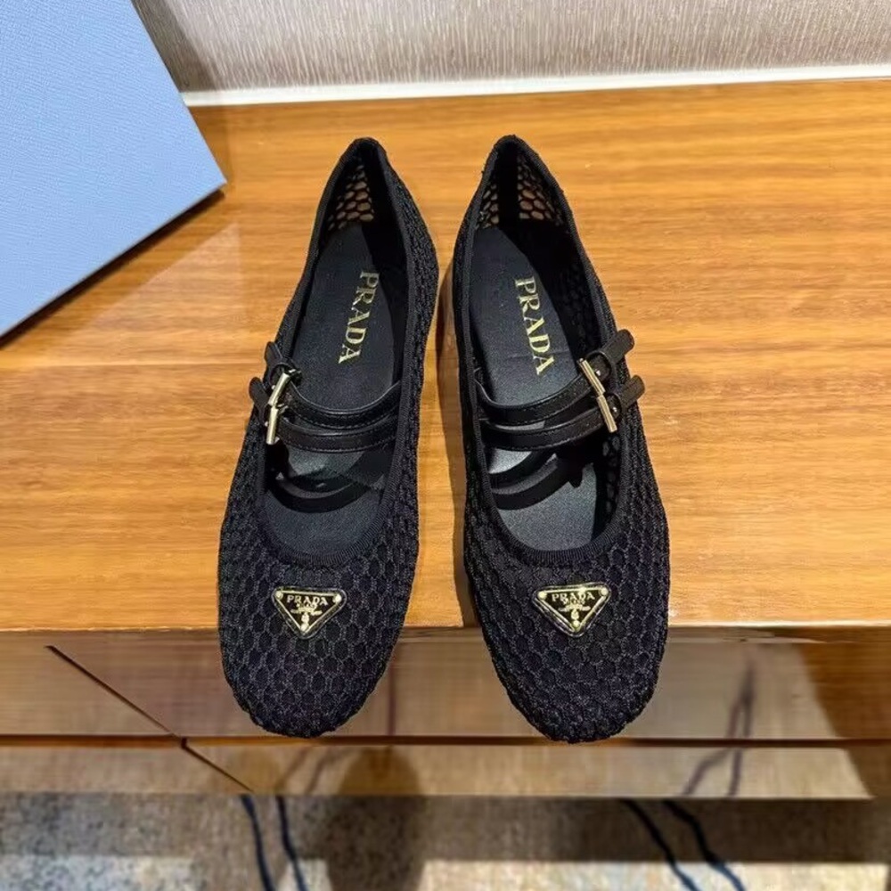 Women's Prada Black Mesh Knit Triangle Logo Mary Jane Flat